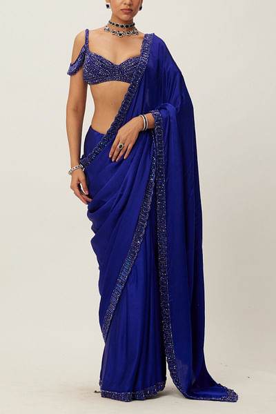 Cocktail blue sequin embroidered satin sari set