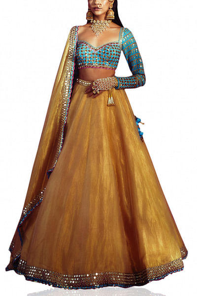 Firozi blue and gold embellished lehenga set