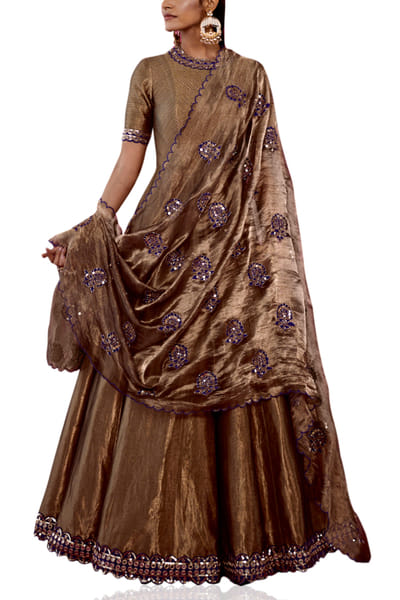 Copper embroidered tissue anarkali set