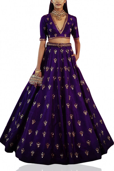 Purple embroidered crop top and skirt