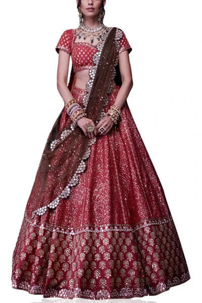 Deep rust Mughal embroidered lehenga set