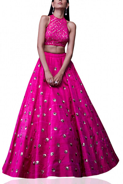 Pink polka embellished lehenga set