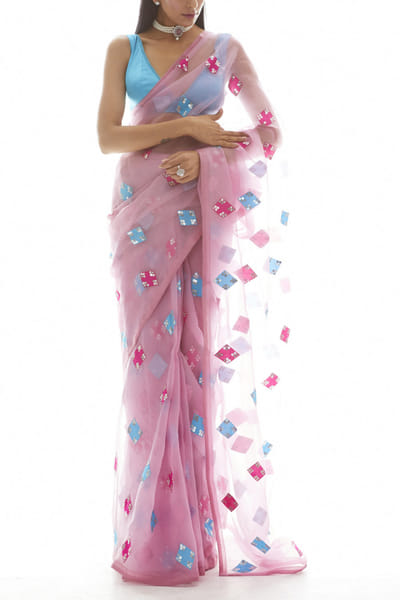 Vvani by Vani Vats Pink and turquoise embellished sari set VVAISHYA2006