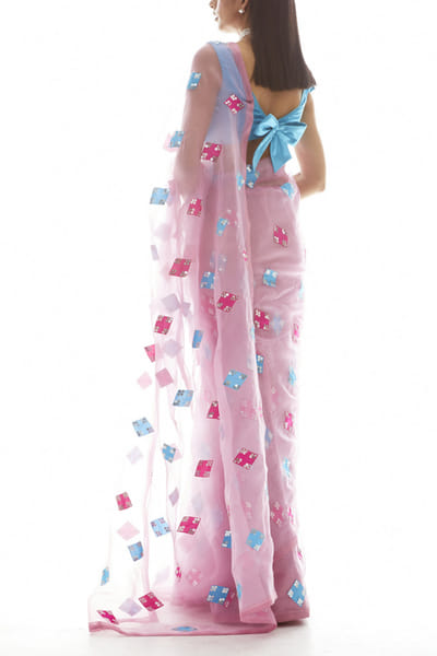 Vvani by Vani Vats Pink and turquoise embellished sari set VVAISHYA2006