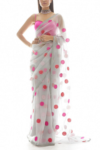 Light grey and pink organza sari set