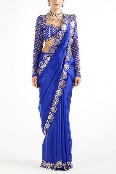 Blue mirror embroidered sari set