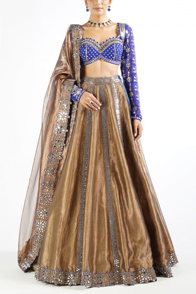 Blue and copper embellished lehenga set