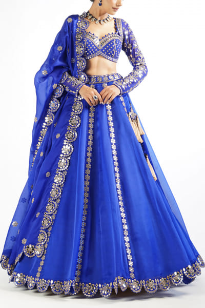 Blue mirror embellished lehenga set