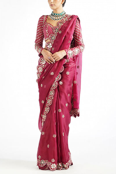 Wine embellished sari set