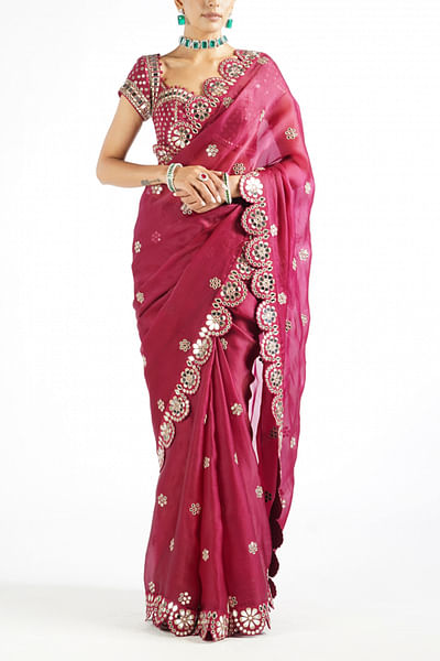 Wine mirror embellished sari set