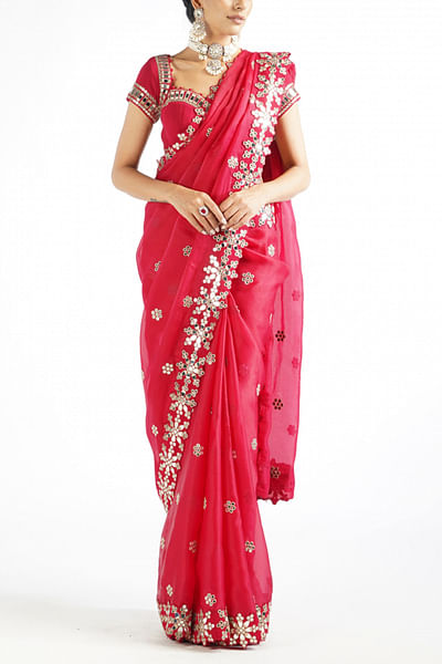 Red satin organza sari set