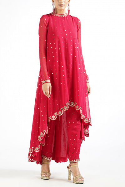 Red embellished kurta set