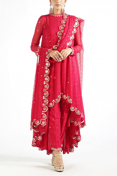 Red mirror embellishd kurta set