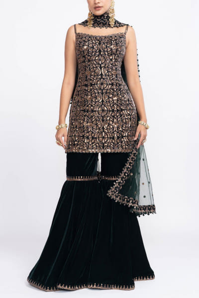 Vvani by Vani Vats Deep green sharara set VVAMAHN2137