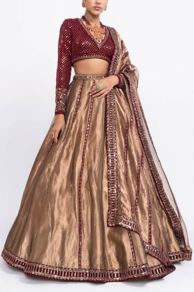 Maroon copper tissue lehenga set