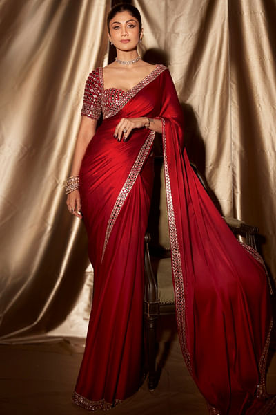 Crimson red mirror embroidered sari set