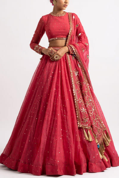 Coral embellished lehenga set
