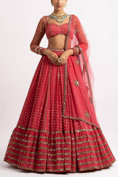 Coral tiered lehenga set