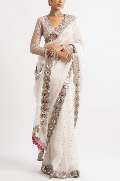Vvani by Vani Vats White mirror work sari set VVARANGSS2224