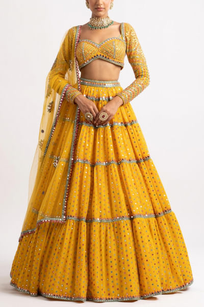 Yellow tiered lehenga set