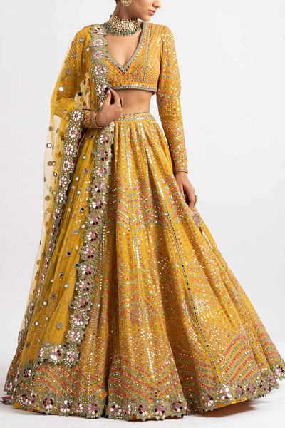 Yellow embroidered lehenga set