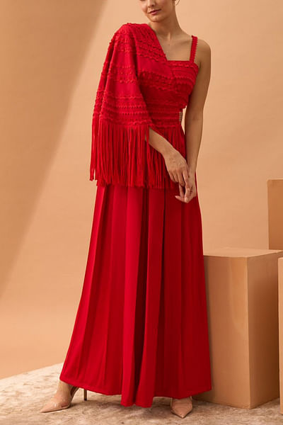 Red cape attached jumpsuit