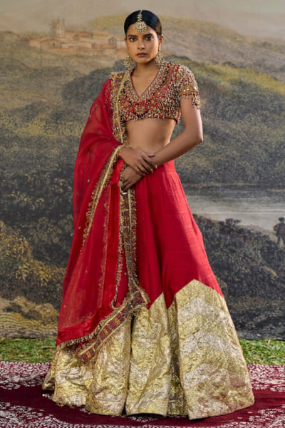 Red jadau embroidered lehenga set