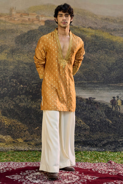 Mustard and ivory brocade embroidered kurta set