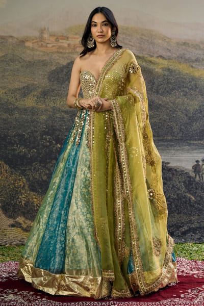 Green and blue mirror embroidered lehenga set