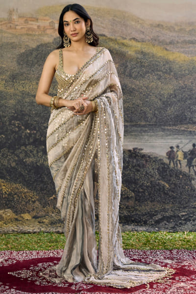 Ivory and grey embroidered pre-draped sari set