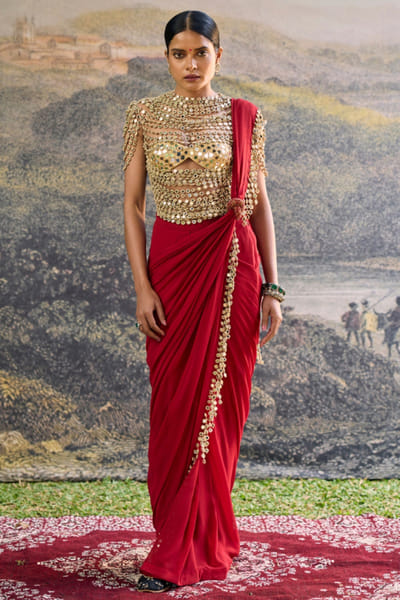 Red mirror embroidered pre-draped sari set