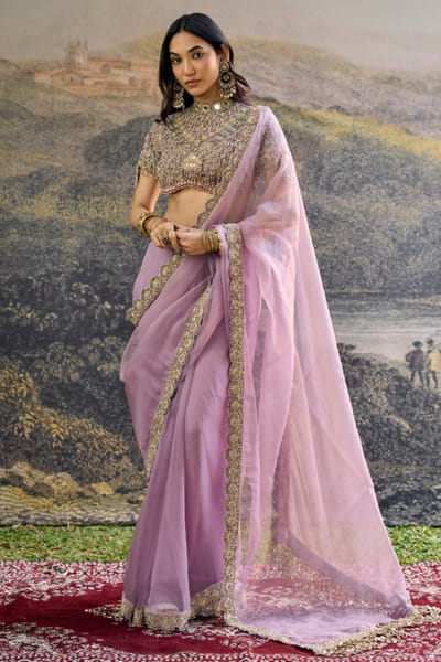 Lilac jadau embroidered sari set