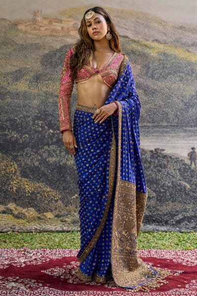 Blue and pink zari embroidered sari set