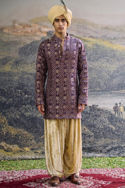 Purple and ivory brocade kurta set