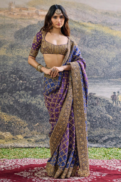Purple and blue embroidered sari set