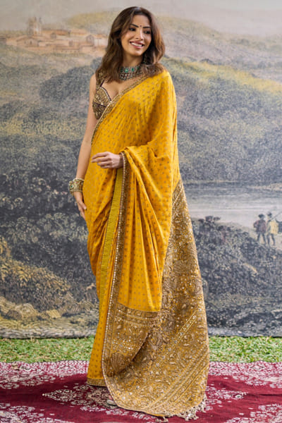 Yellow plum embroidered sari set