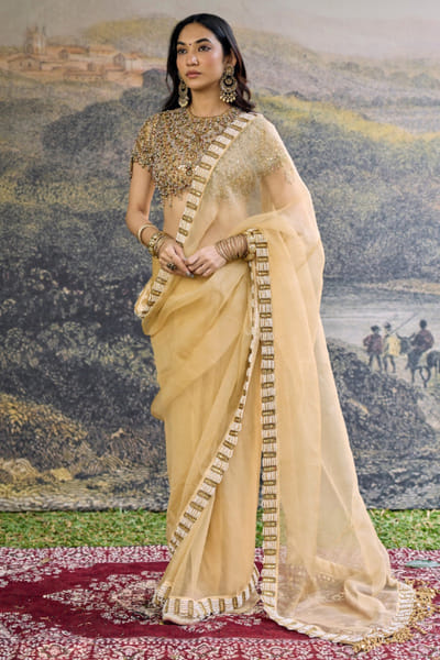 Butter yellow embellished sari set