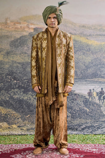 Olive and brown brocade bandi kurta set