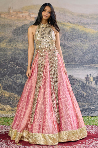 Pink mirror embroidered lehenga set
