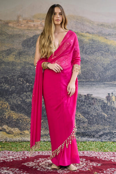 Fuchsia pink mirror embroidered sari set