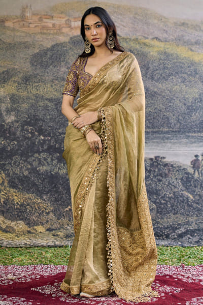 Olive and purple embroidered tissue sari set