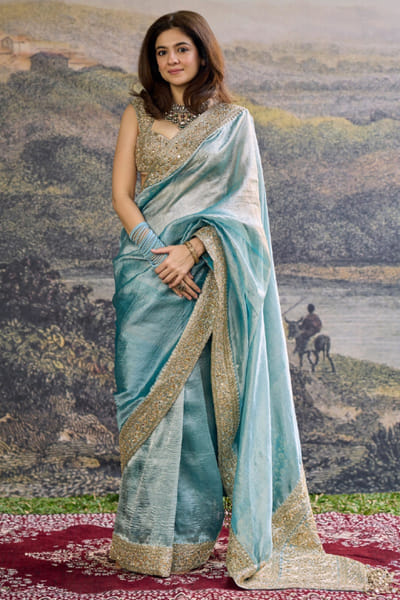 Turquoise embroidered tissue sari set