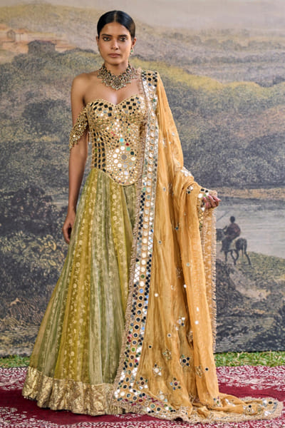 Itrh Yellow and green mirror embroidery lehenga set ITRMAR26D241075