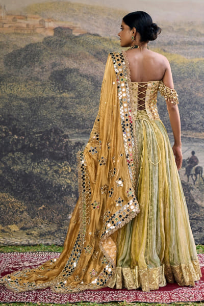 Itrh Yellow and green mirror embroidery lehenga set ITRMAR26D241075