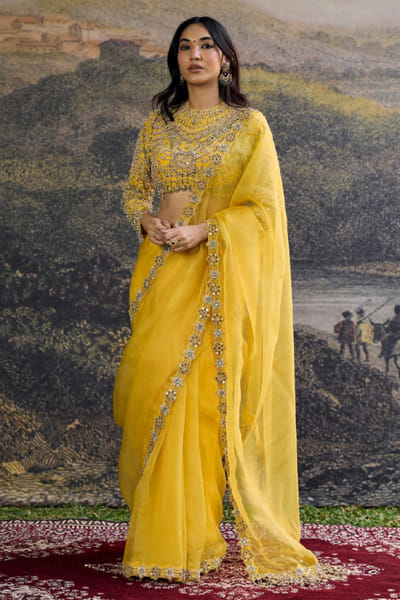 Yellow embellished organza sari set