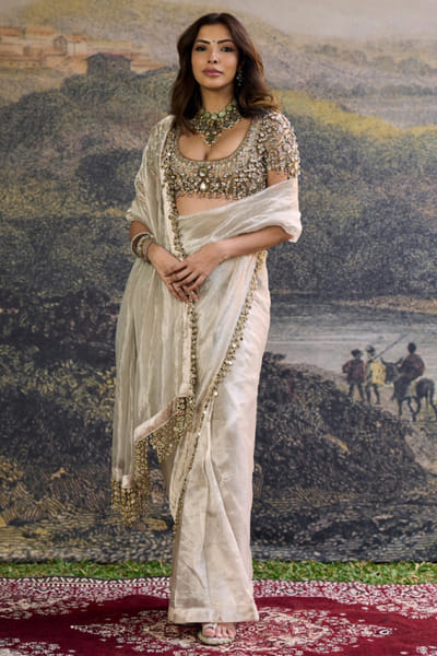 Itrh Silver mirror embellished draped sari set ITRMAR26D241077
