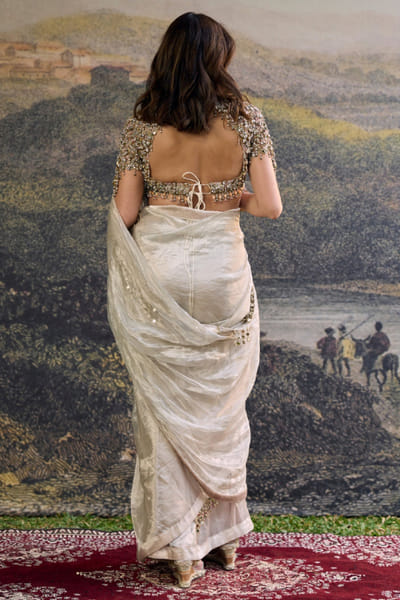 Itrh Silver mirror embellished draped sari set ITRMAR26D241077