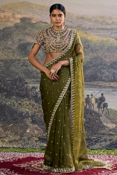 Olive embroidered organza sari set