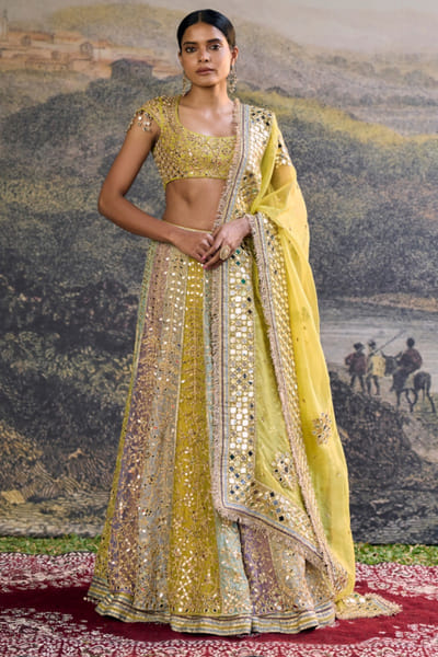 Multicoloured mirror embroidered lehenga set