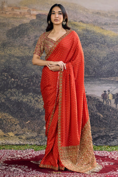 Orange embroidered sari set